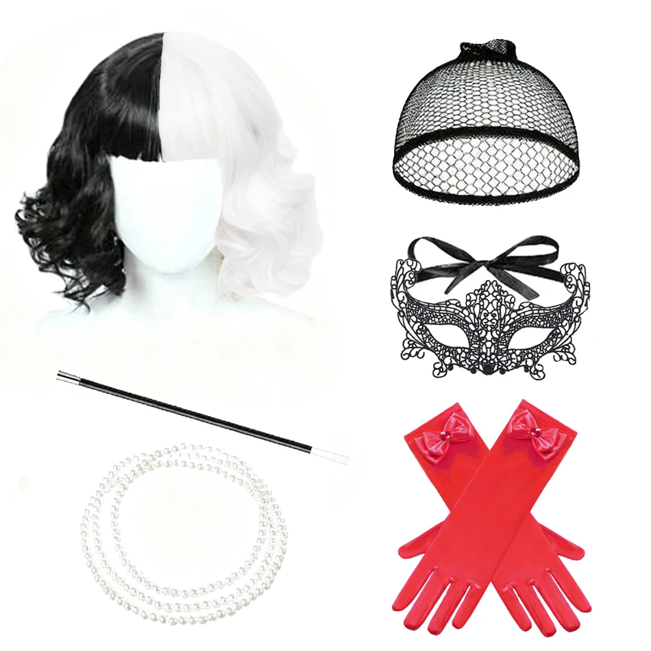 

Girls Halloween Cruella Cosplay Hot Silk Wig Beaded Pearl Necklace Lace Mask Women Black and White Dress Up Wig Evil Headwear