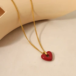 WILD & FREE Trendy Red Heart Pendant Stainless Steel Necklace for Women Cute Romantic Charm High Quality Jewelry
