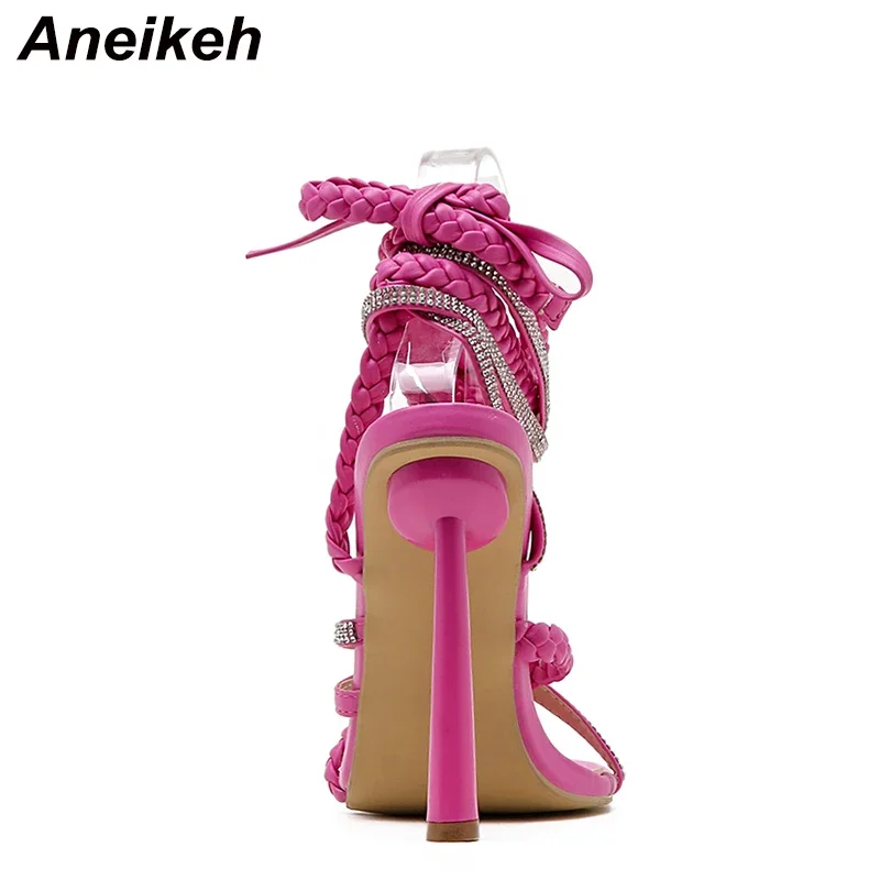 Aneikeh 2025 Summer Pinch toe woven fabric PU Women Sandals Thin High Heels Fashion Cross-Tied Square Head Party wedding Shoes