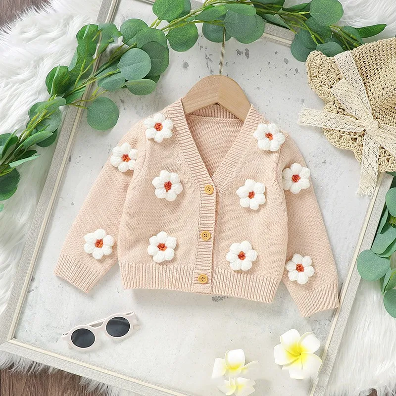 MiniAinis Autumn Winter Children Knitted Cardigan Handmade Flower Sweater Girls Fashion Knit Tops Coat Baby Kid Casual Jacket