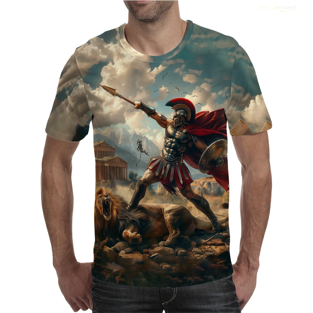 

High Quality 100% Cotton Roman Gladiator Graphic T-Shirt Summer Printed Soldier Spartan T Shirt Men's Casual Unisex Kid's Tops