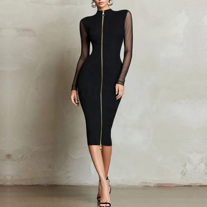 Modigirl 2026 جديد إمرأة قلم رصاص ميدي فستان الذهب سستة بقماش شفاف كم أنيق مكتب تخفيف مساء سليم Bodycon فستان امرأة #1