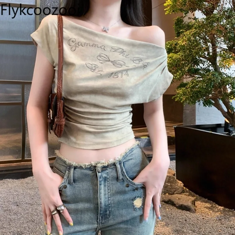 

Y2k Style Slash Neck Short Sleeve Printed T-shirt Women Off-shoulder Straight Slim Shirt Summer Chic Spicy Premium Top