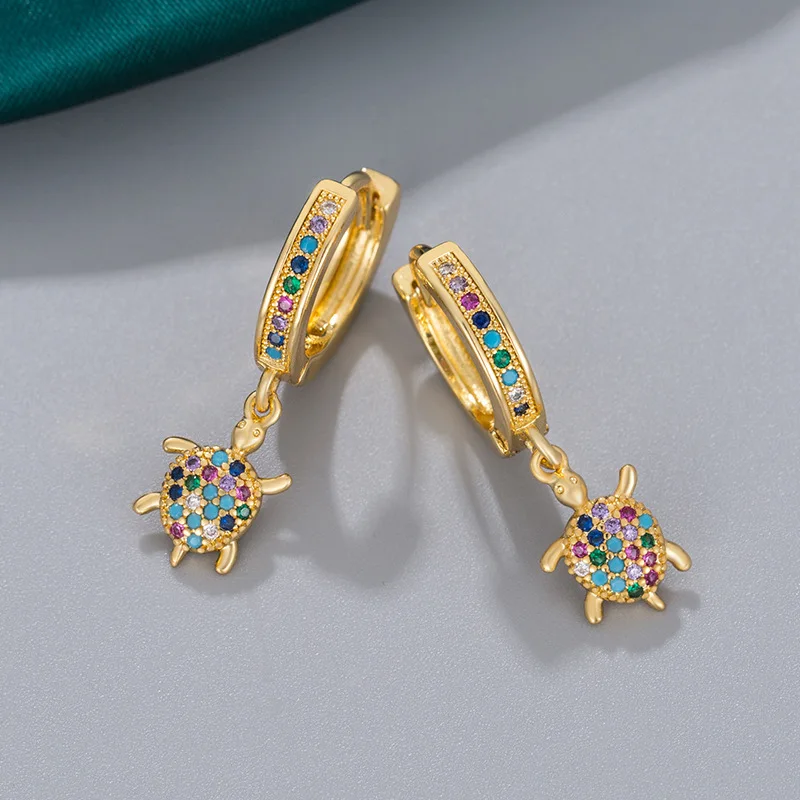 Female Cute Small Turtle Hoop Earring Rainbow Crystal Multicolor Zircon Animal Earrings For Women Charm Gold Color Ocean Jewelry - view 4