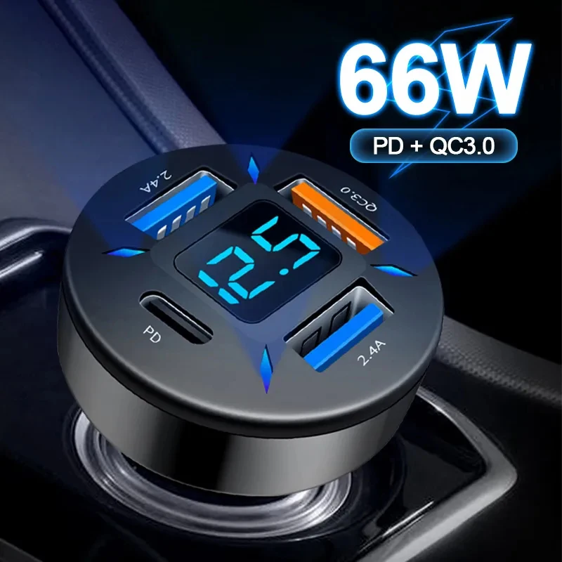 66W USB Car Charger Quick Charge PD QC3.0 With Voltmeter Cigarette Lighter Socket Power Adapter For Audi Volkswagen BMW Toyota