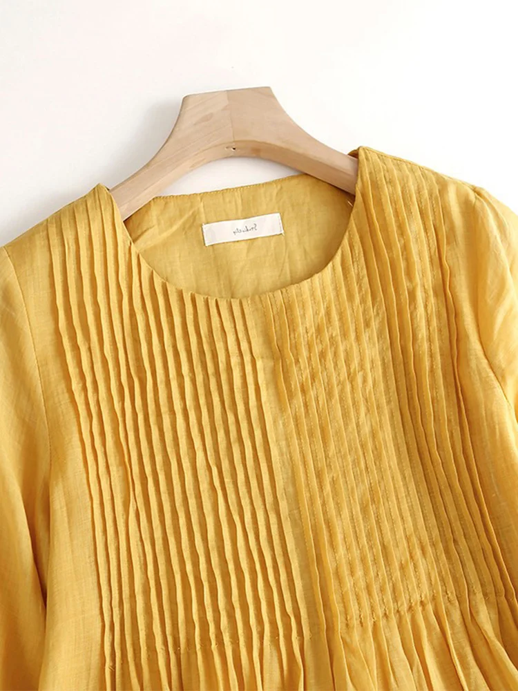 Women's Loose Svel Cotton Linen Dr Skirt A-Line Summer Long DrAccordion Pleat Wide Hemline Artistic Sle