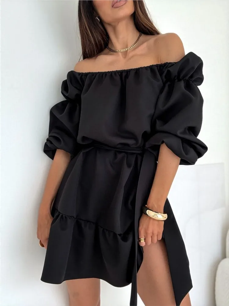 

2025 New Autumn Casual Solid Color One-shoulder Lace-up Mini Dresses Women's Fashionable Elegant Long-sleeved Party Dress
