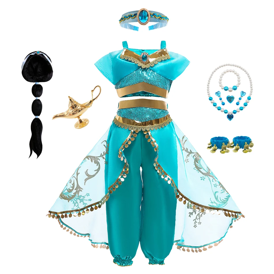 Girl Jasmine Dress Up Set Middle Eastern Style Sparkle Costume with Sheer Overlay Lantern Pants for Kids Halloween Party Clothes