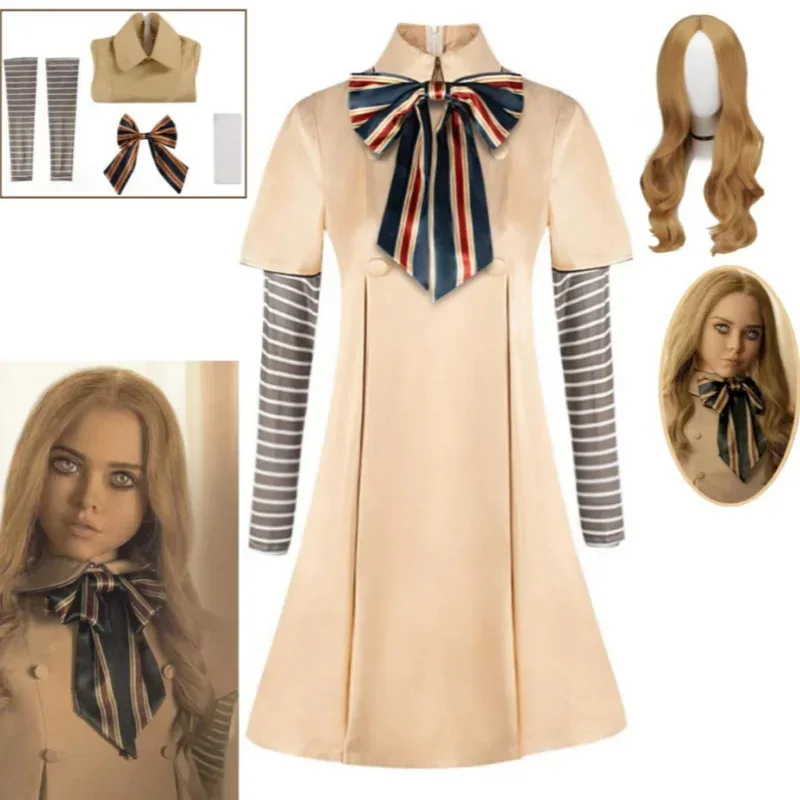 2025 11 أزياء تنكرية ميغان غاون سترة فيلم الرعب AI دمية روبوت فستان الهالوين مجموعة كاملة للفتيات والكبار