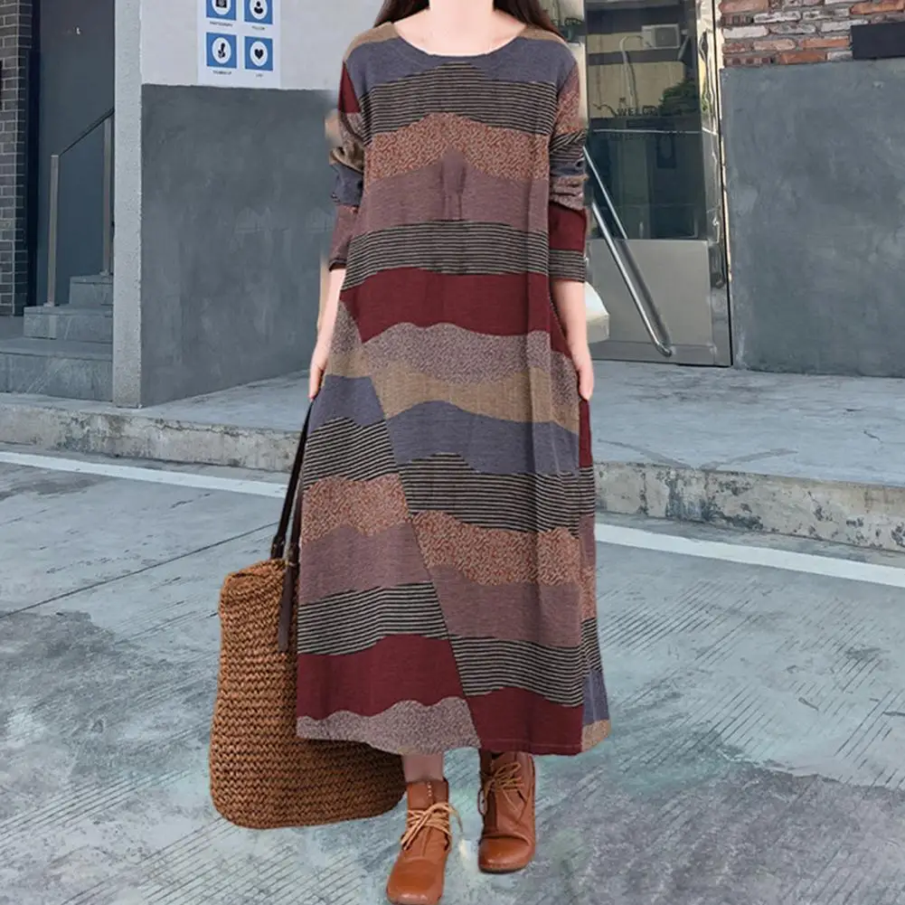 O-Neck Long Sleeve Pullover Women Dress Autumn Winter Striped Contrast Color Loose Maxi Dress Daily Clothing