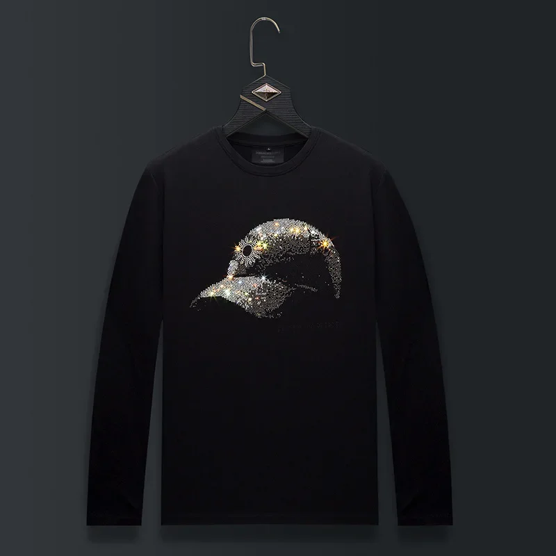 

Plus Size O Neck Long Sleeve T Shirts Men Top Fashion Streetwear Hat Pattern Rhinestones Mercerized Cotton Tshirts Mens Clothing