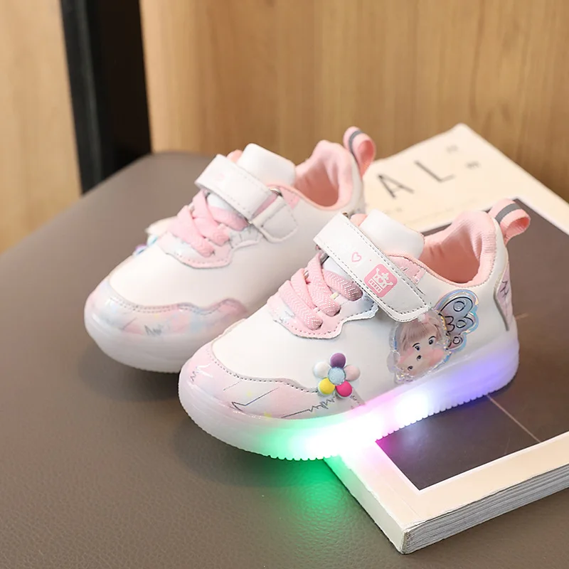 Sapato de couro infantil, luz LED, sola macia, roxo, rosa, casual, princesa, legal, fofo, esportes