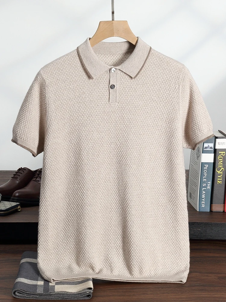 

Chic Men's Polo Collar Pullover Smart Casual 100% Cashmere Short Sleeve Soft Knit Sweater Spring Summer Luxury Cashmere Topss