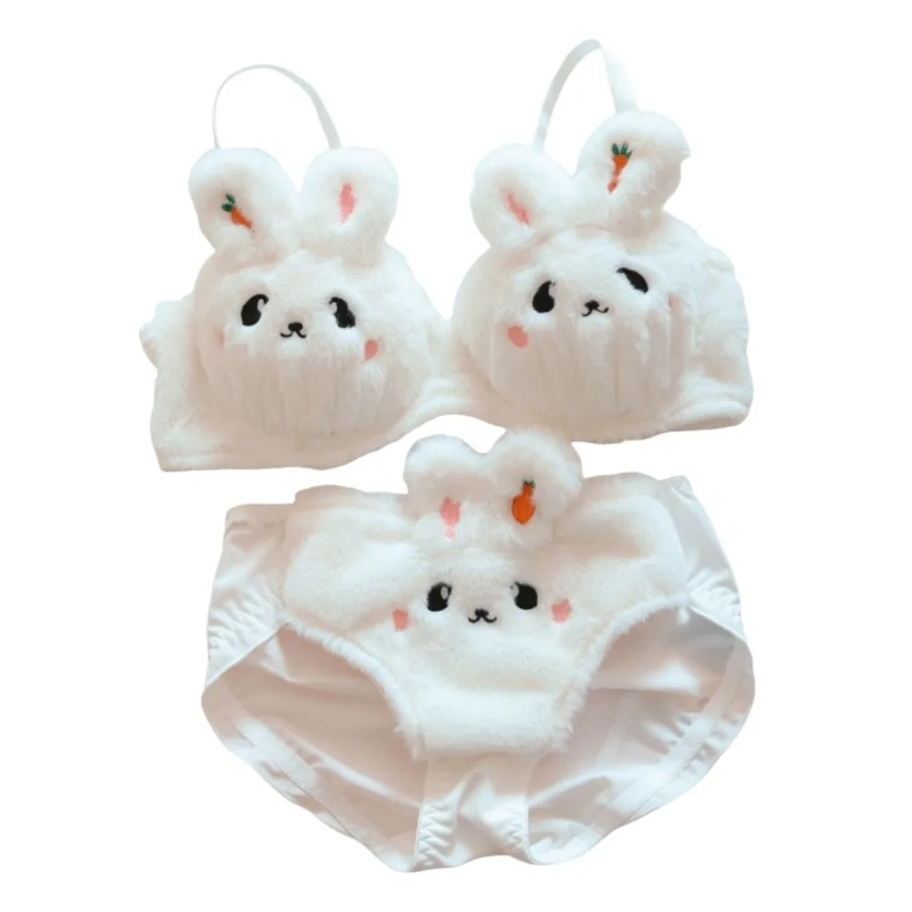 

Fashion Rabbit Ears Plush Rabbit Bra Low Waist Wireless Bra Panties Suit Push Up Ruffle Women Underwear Set Beach