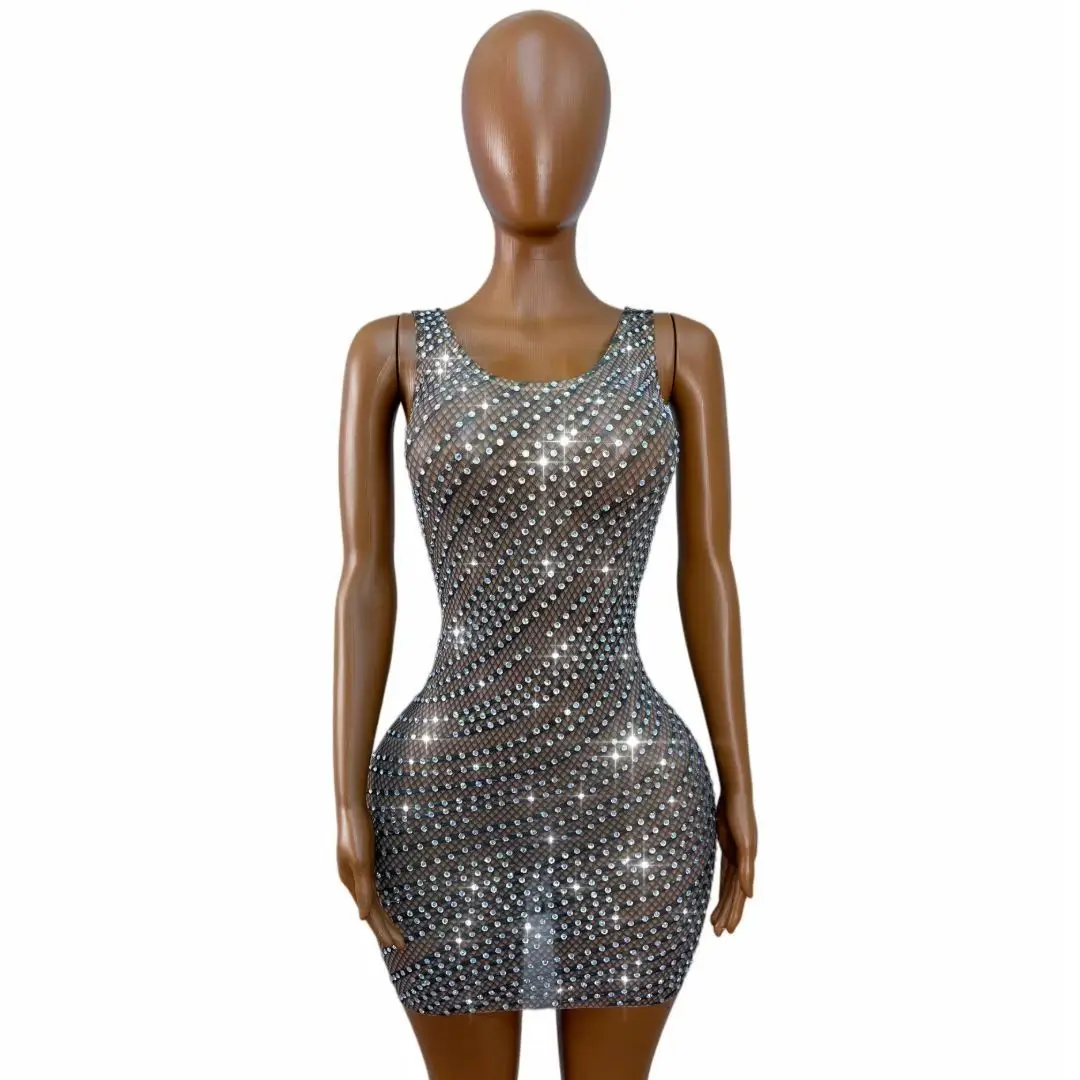 Xianxingyi Sparkly Black Mesh Round Neck Mini Gown Full Diagonal Silver Rhinestone See Through Birthday Photoshoot Outfit