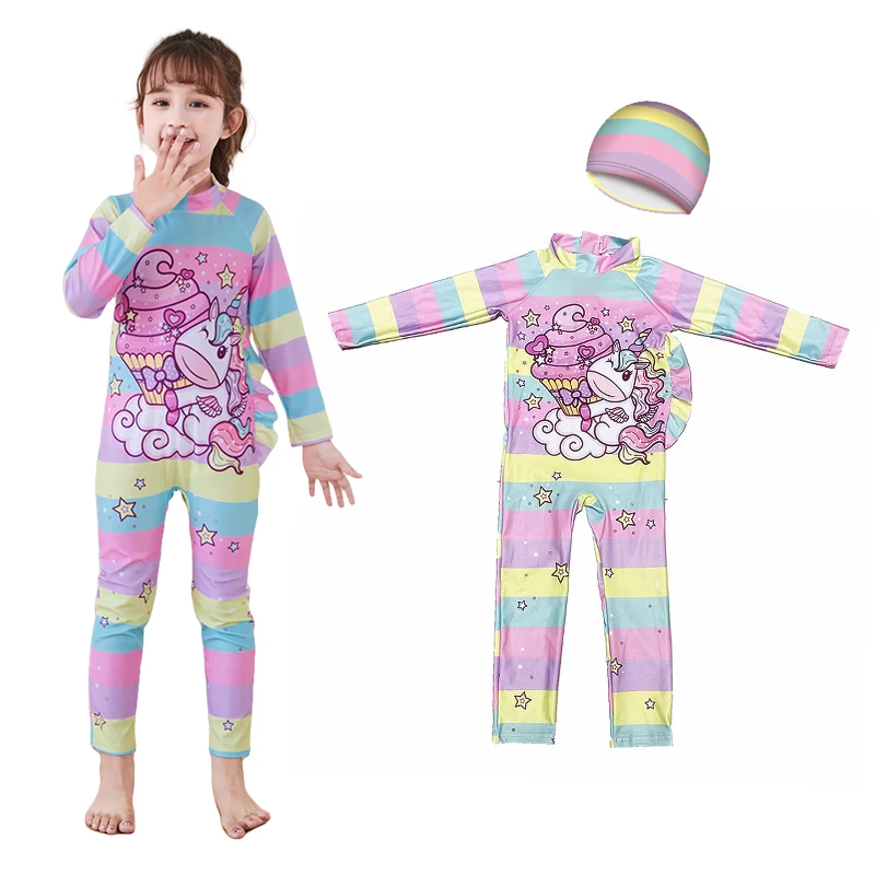 One-Piece Children Swimsuits Kid Swimwear Girls Long Sleeve Sun Protection with swimming caps 2Pcs Set 3 4 5 6 7 8 9 10 11 Years