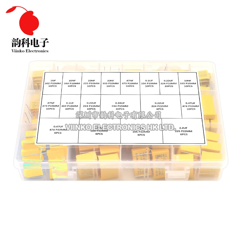 160pcs Polypropylene Film X2 Safety Capacitor Assorted Kit 275VAC 18Values 102K-225K 1NF-2.2UF Sample Set