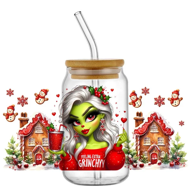 

New Design Christmas Pretty Hot Santa Girl UV DTF Decal Wrap For 16oz Libbey Glass Can Cup Wholesale Car Sticker