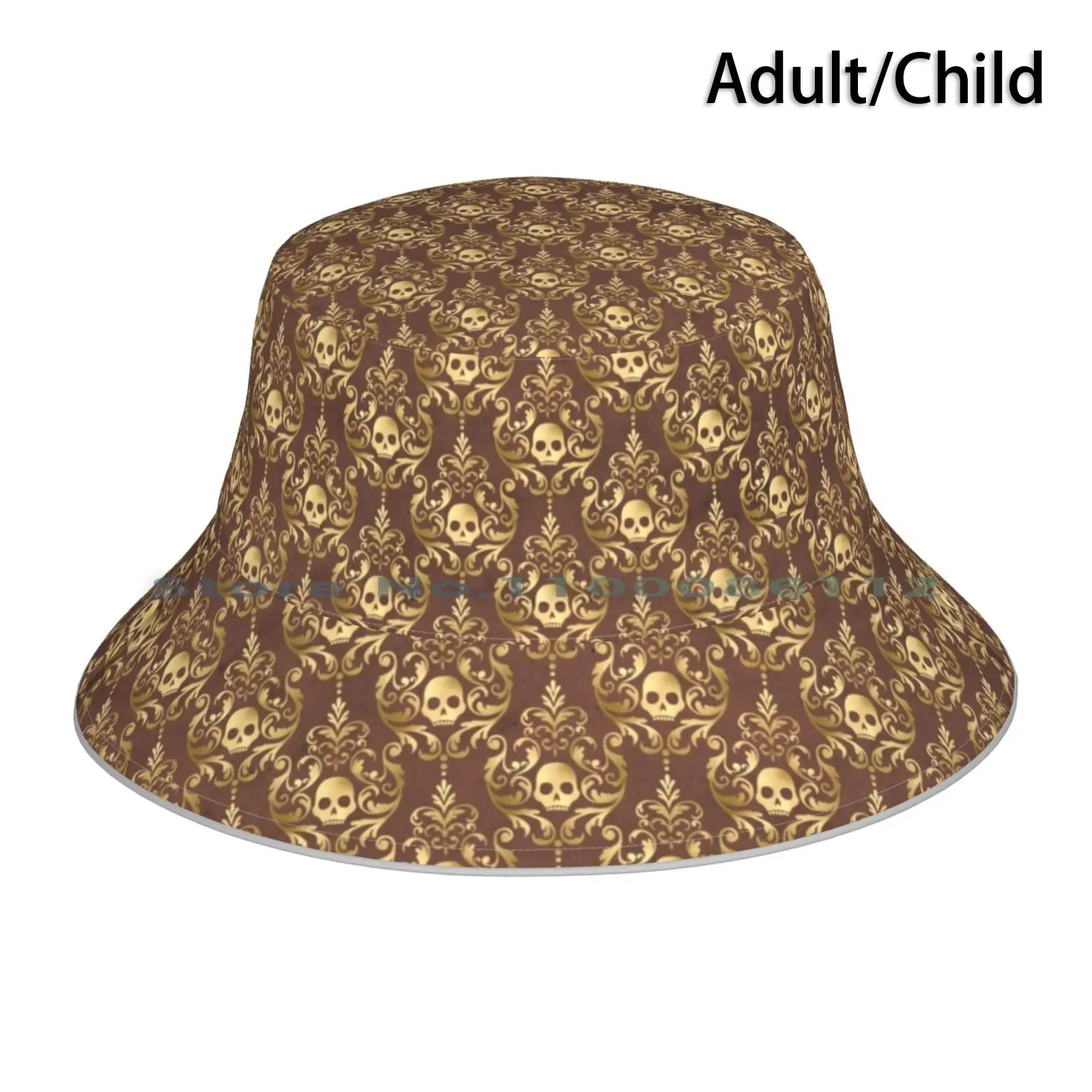 Gold Foil Damask Skull Skeleton Pattern Design Bucket Hat Sun Cap Skeleton Death Bones Halloween Cute Funny Skulls Cats Cool