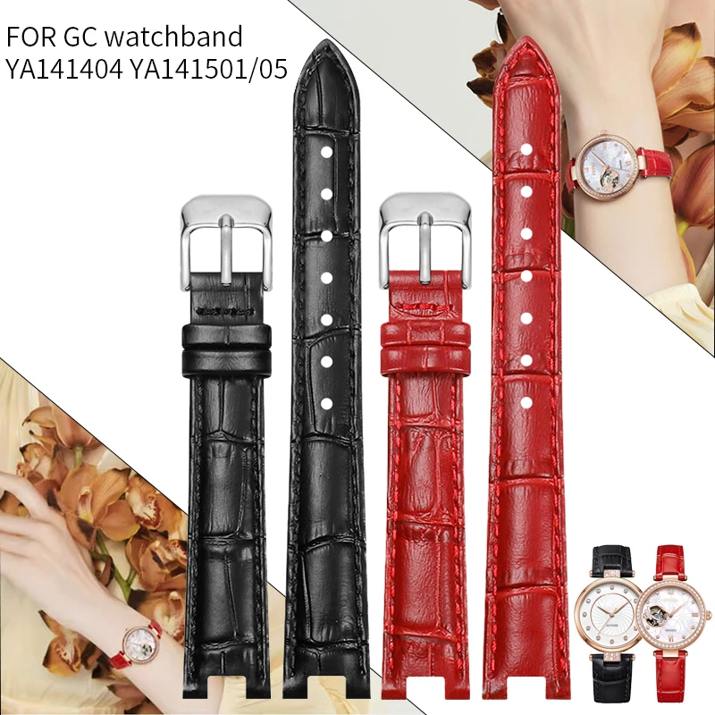 

For YA14140 YA141501 YA141505 Notch Leather Watchband Straps 12x4mm 14x4mm Women's wristband bracelet black red Pin Buckle
