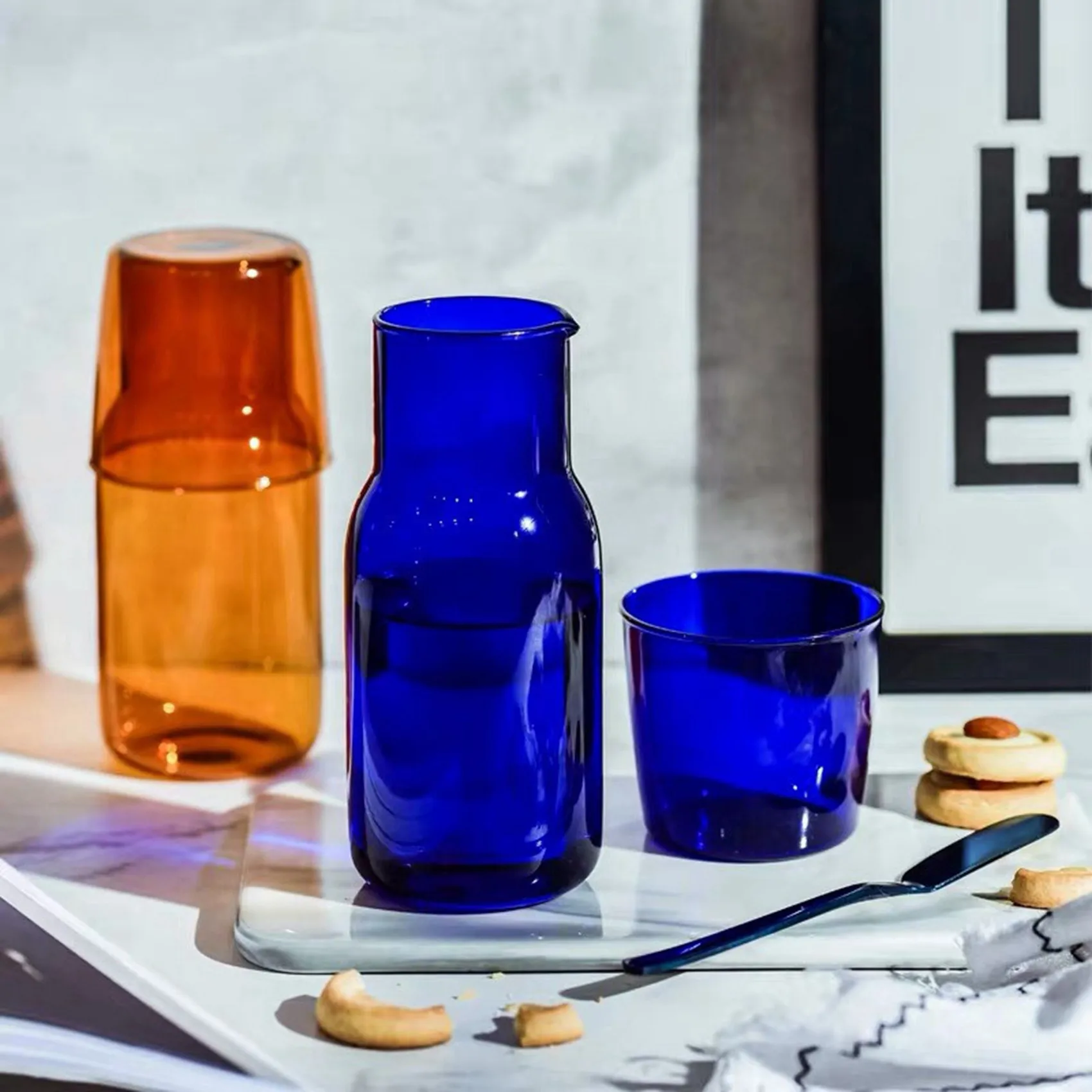 Juego de Tazas de Té de Vidrio Transparente Color Caramelo N84R 2X, Taza Simple Resistente al Calor para Beber Jugo con Jarra de Té y Botella de Agua - Azul