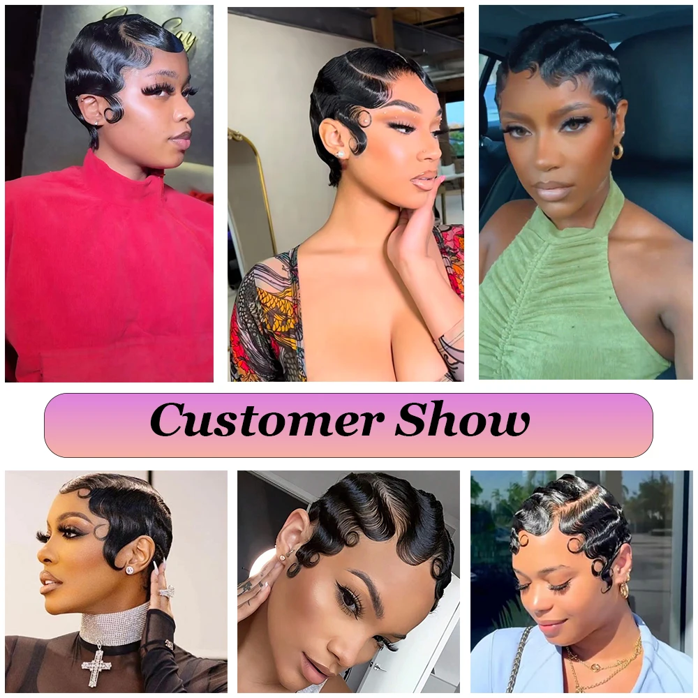 ショートフィンガーウェーブピクシーカットウィッグ、オーシャンウェーブウィッグ、黒人女性用レミー人毛、ショートレイヤードマシンメイドボブウィッグ
