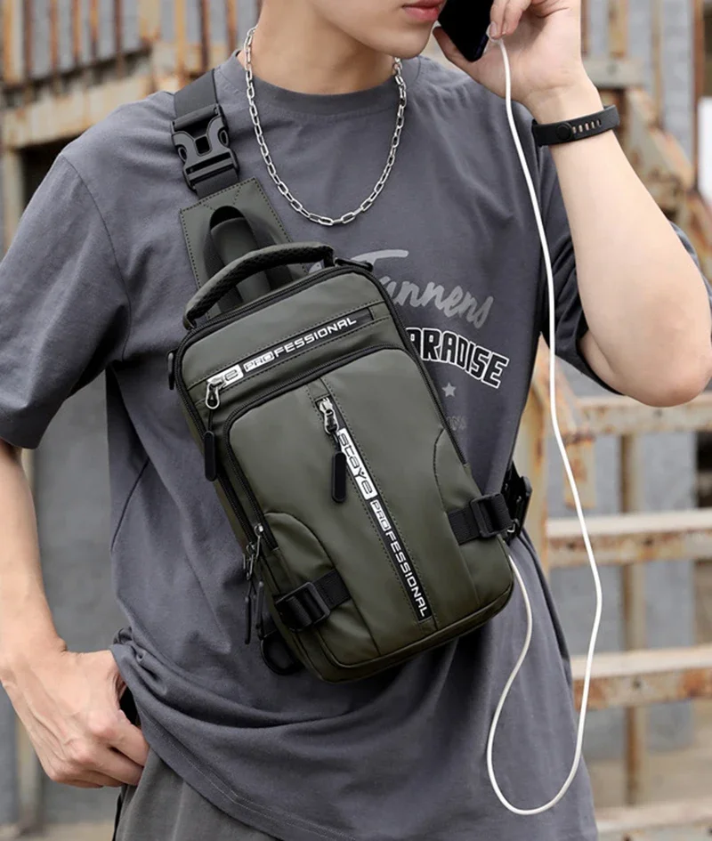 Nylon Men Rucksack Backpack Chest Pack Shoulder Bag with USB Charging Port Travel Male Daypack Messenger Cross body Bag Knapsack