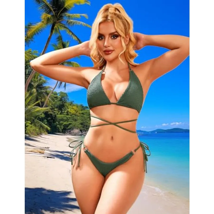 Women Bikini Set Metal Ring Two Pcs Swimsuit Various Wear Way, High Elasticity Breathable Fabric, Cross Strap Design Bathing Su