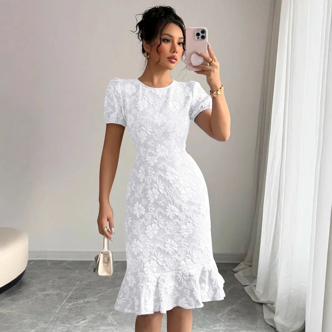 Sheath Dress Women Print Flower Dresses Knee Length Slim Summer 2025 Round  Collar Puff Sleeve Office Lady Vintage Vestidos largo - AliExpress 200000345