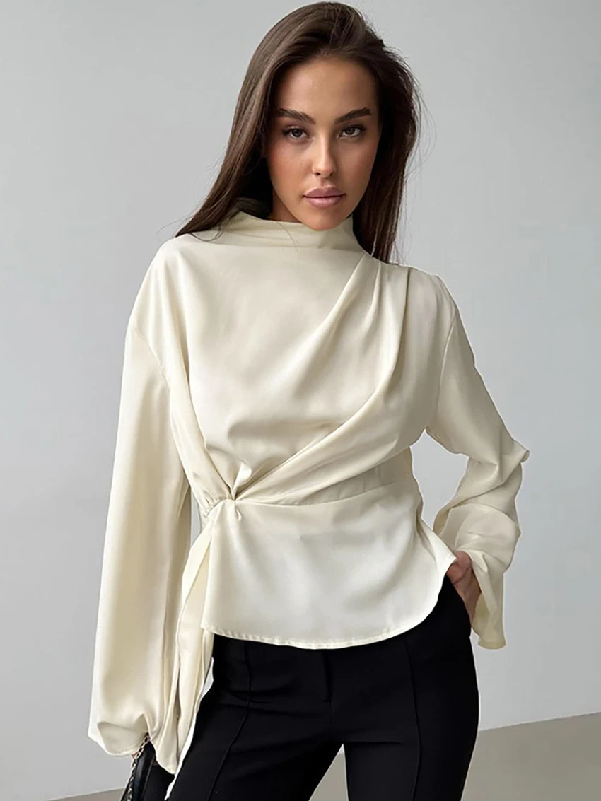 

Parc Fee Fashion Loose Beige Women's Shirt 2026 Spring Stand Collar Long Sleeve Shirts Elegant Classic Solid Top Female Clothing