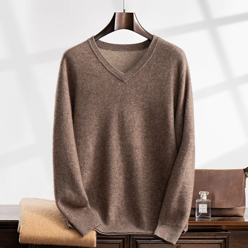 Autumn and winter new 100% cashmere men's V-neck sweater loose fashion pullover slim warm knit solid color long sleeve top