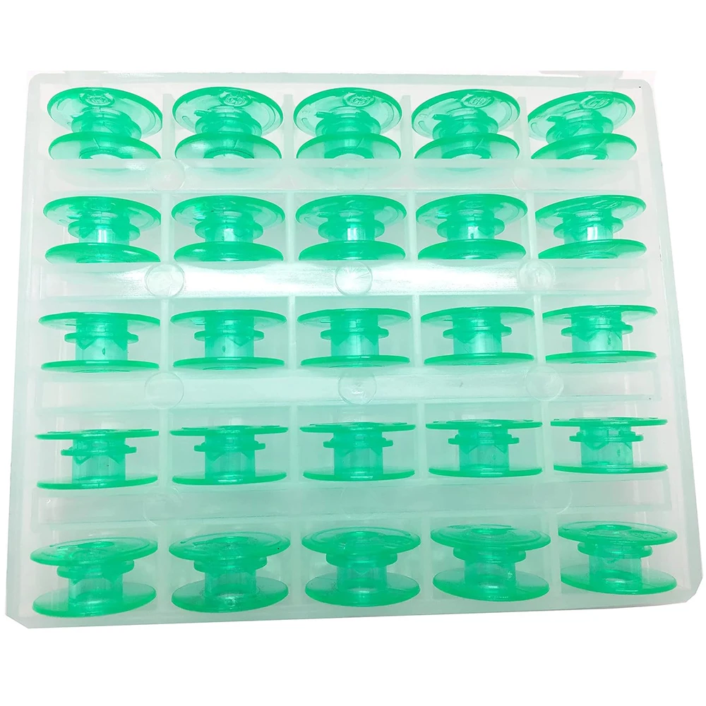 25Pcs/Box Green Plastic Bobbins with Thread Hole For Sewing Machine Parts Come with Case Storage Box Craft Accessories