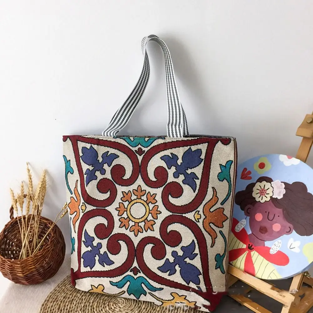 

Portable Flower Ethnic Style Bag Large Capacity Canvas Embroidery Cloth Bag Butterfly Tote Bag Animal Shoulder Bag Storage Bag