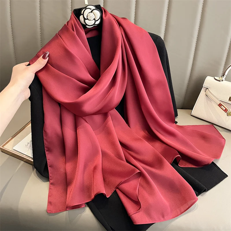 

90*180cm Fashion Luxury Silk Scarf Women Solid Color Soft Smooth Scarves Head Wrap Hijab Outdoors Muffler Long Shawl Beach Towel