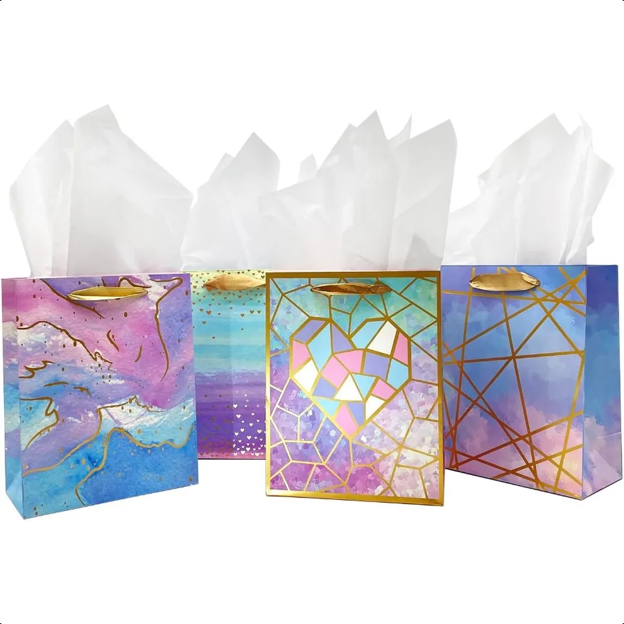 

4 Pack7"×4"×9" MediumandSmall Size Gift Bags with Tissue Paper Ideal for Shopping Parties Wedding Baby Shower and Birthday Gift