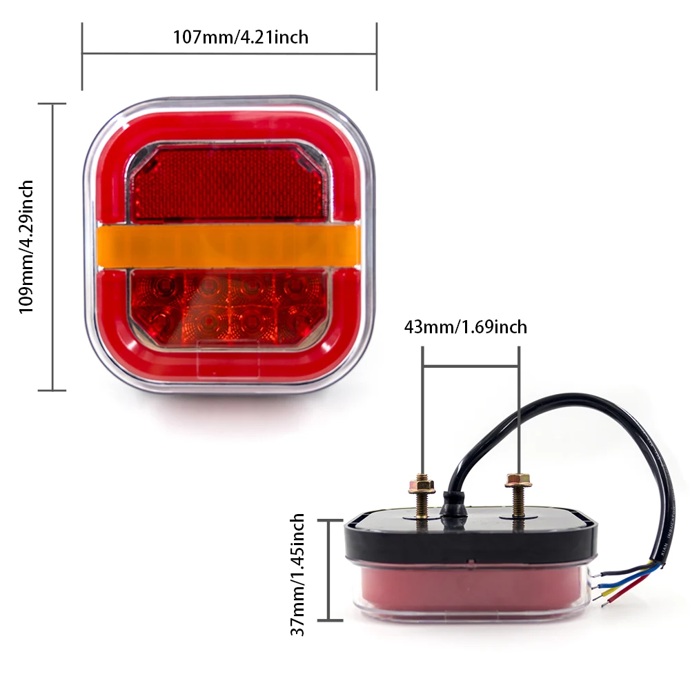 12V-24V 4 inch Car Led Trailer Tail Lamp Square Brake Flowing Turn Signal Blinker License Plate Lamp for Truck UTV ATV Van 4x4