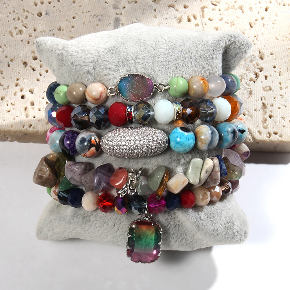 Spring/Summer new fashion Bohemian women's jewelry multi-colored natural stone glass beaded elastic 5pcs stack bracelet set