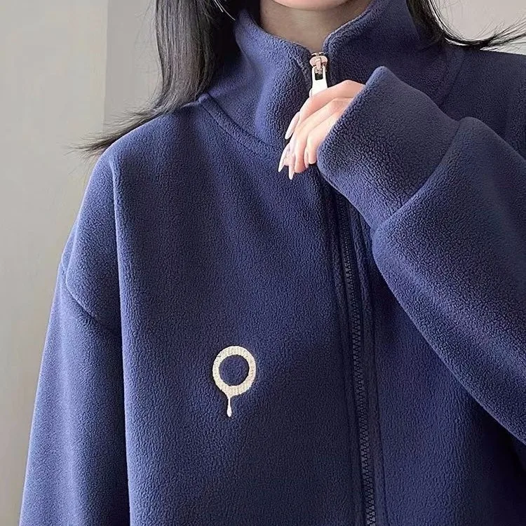 

Embroidered Pattern Fleece New Loose Lamb Wool Thick Coat Women's Hoodie Stand Collar Small Top