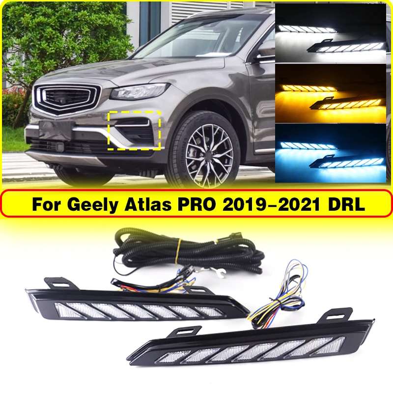 

Для Geely Atlas PRO 2019 2020 2021, автомобильные светодиодные DRL дневные ходовые огни дневного света с желтой лампой указателя поворота и синим ночным режимом