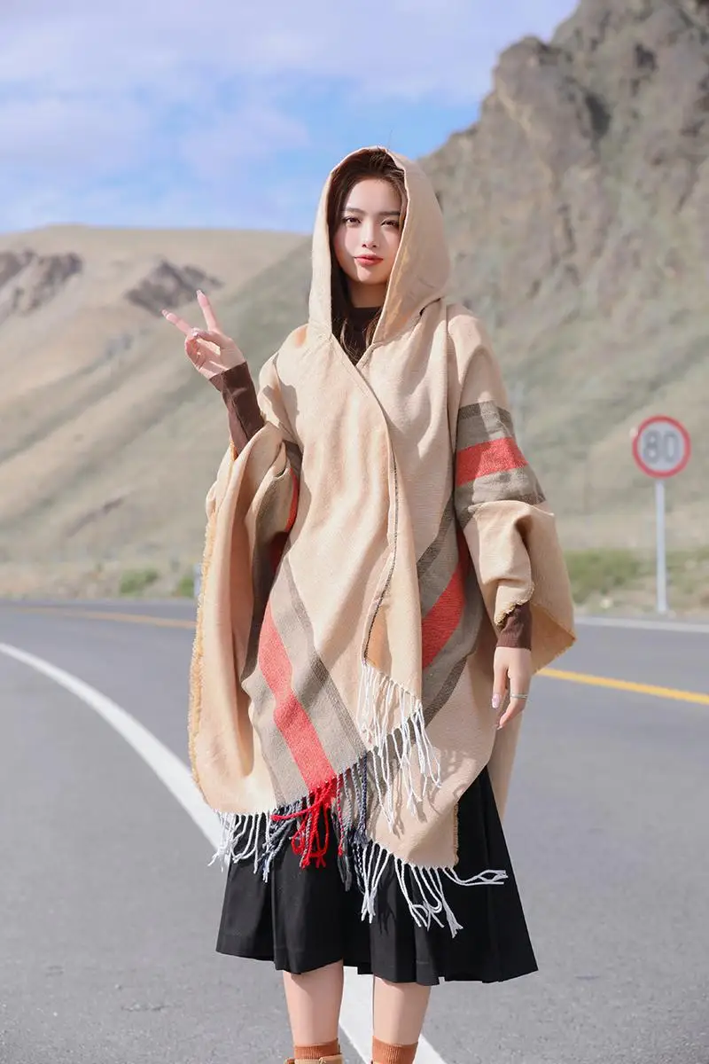 Poncho Imitation Cashmere New Ethnic Style Tourism Cloak Women\'s Hooded Warmth Thickened Scarf Photo Overlay with Knitted Shawl