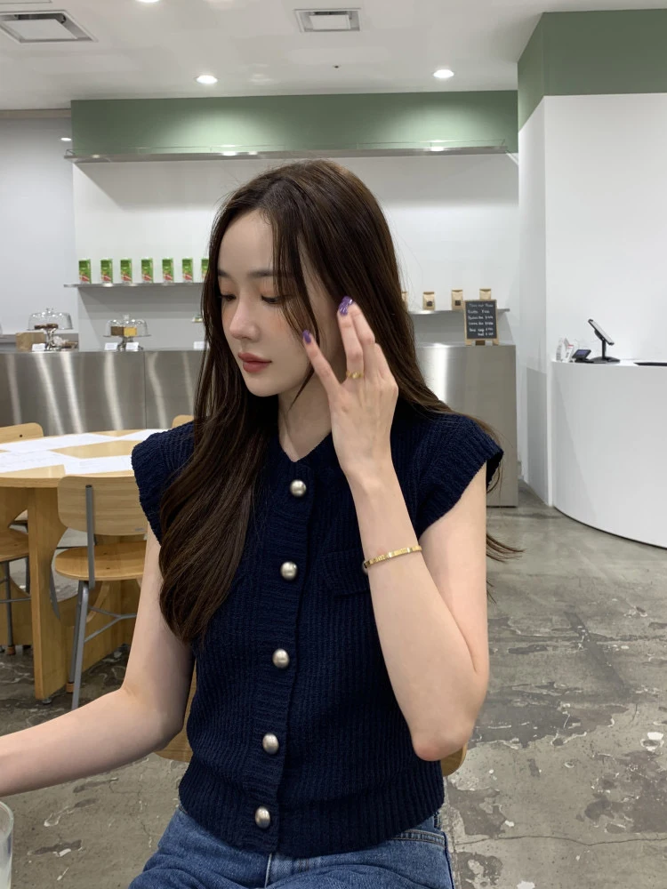 Chic été 2024 tricoté ort Sve femmes mince ouvert Cardigan rond Ne simple bouton Svel haut coréen Sle Slim Fit