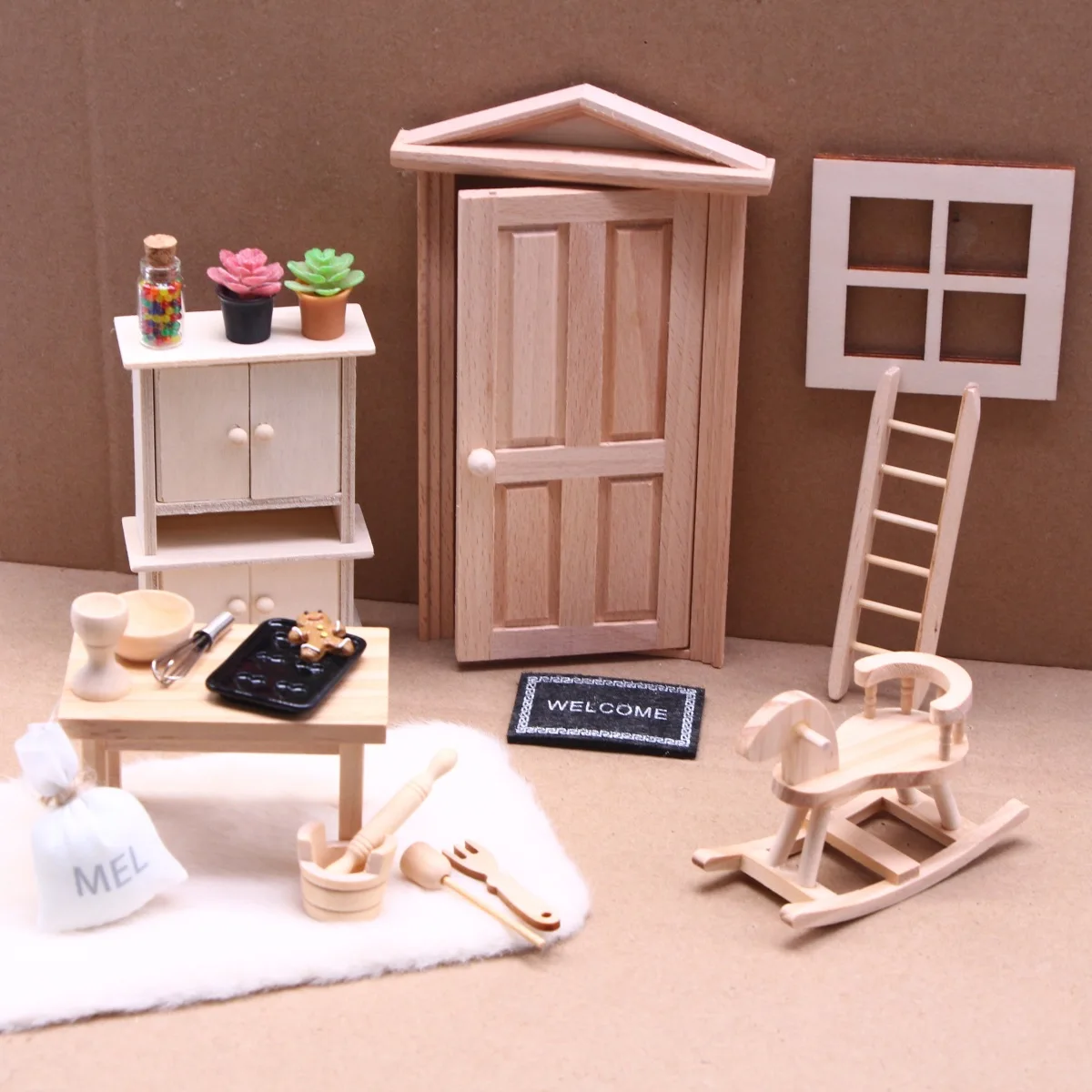 DollHouse Elf Door Christmas Decor Potting Doormat Carpet Ladder Trojan Rocking Chair Fairy Toyhouse Miniature Scene Model