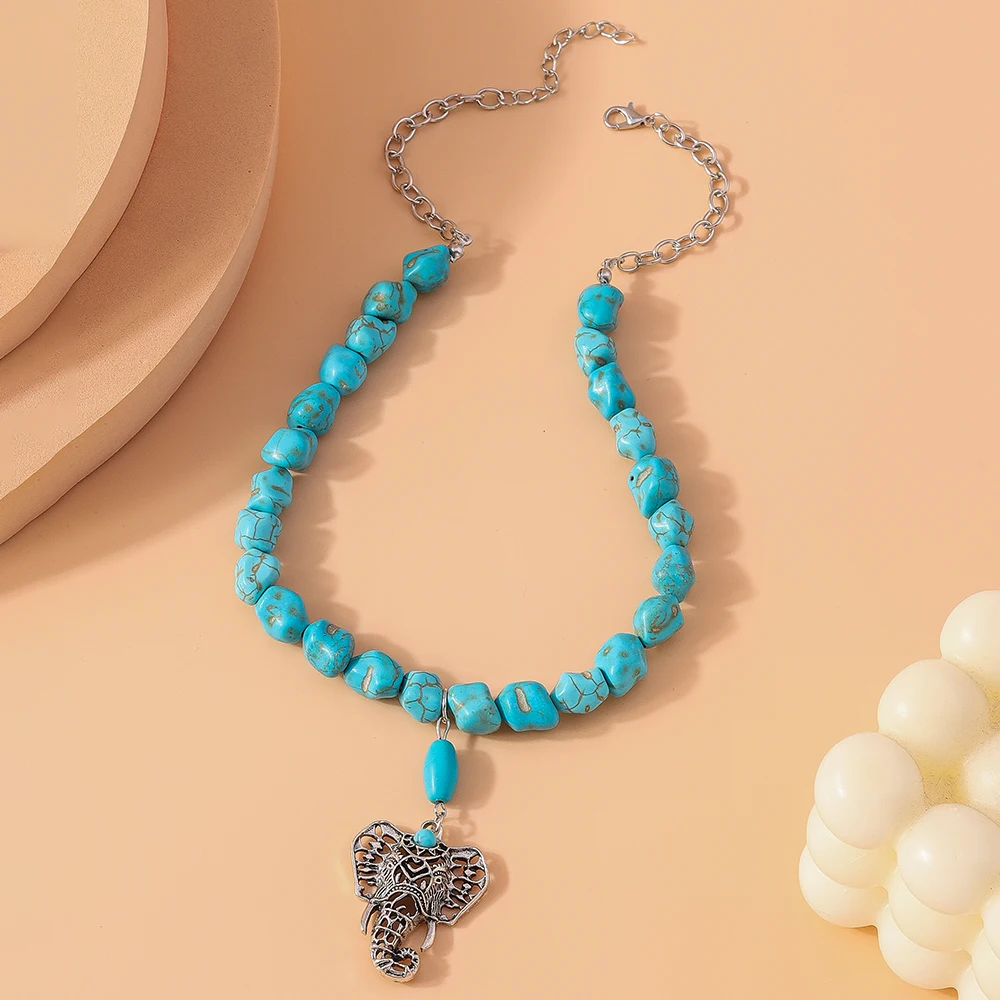 Aihua Böhmen Türkis Stein Elefant Halskette für Frauen Halsband Collier Vintage Ethnische Tibetische Silber Halsketten Schmuck – Detail 4