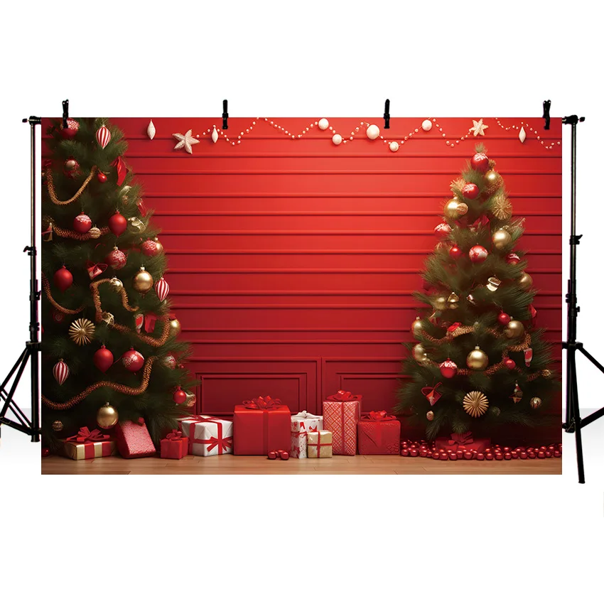 Mehofond Christmas Red Wall Background Kids Birthday Portrait Party Xmas Tree Gift Box Decoration Photography Backdrop Studio