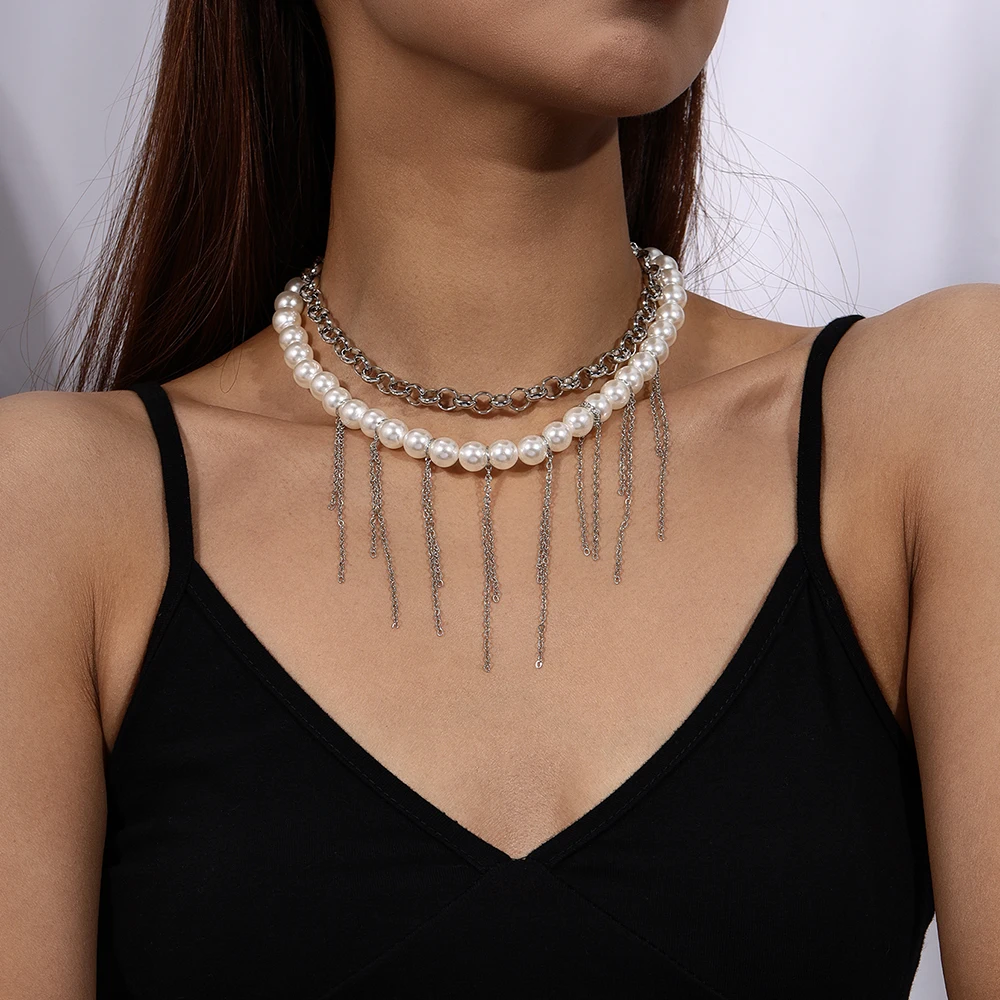 Aihua Mehrschichtige Lange Quasten-Imitationsperlen-Halskette für Damen, Modische Perlen-Choker-Ketten, Y2K Hochzeitsschmuck Geschenke – Detail 1