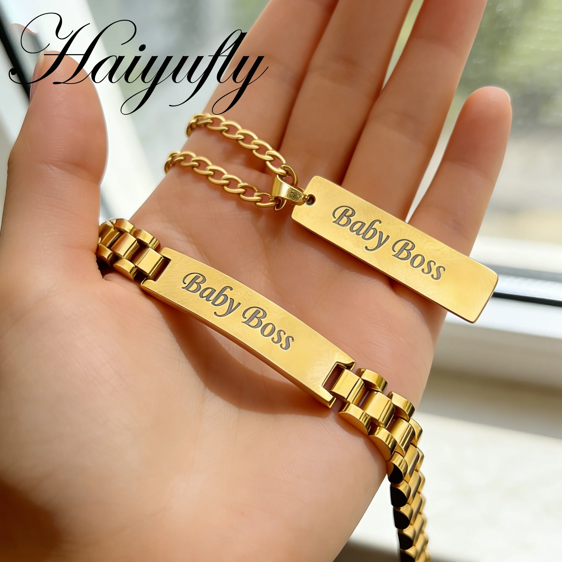 Haiyufly Punk Engrave Name Necklace Bracelet Stainless Steel Jewelry Set for Women Men Personalized Cuban Chain Birthday Gift