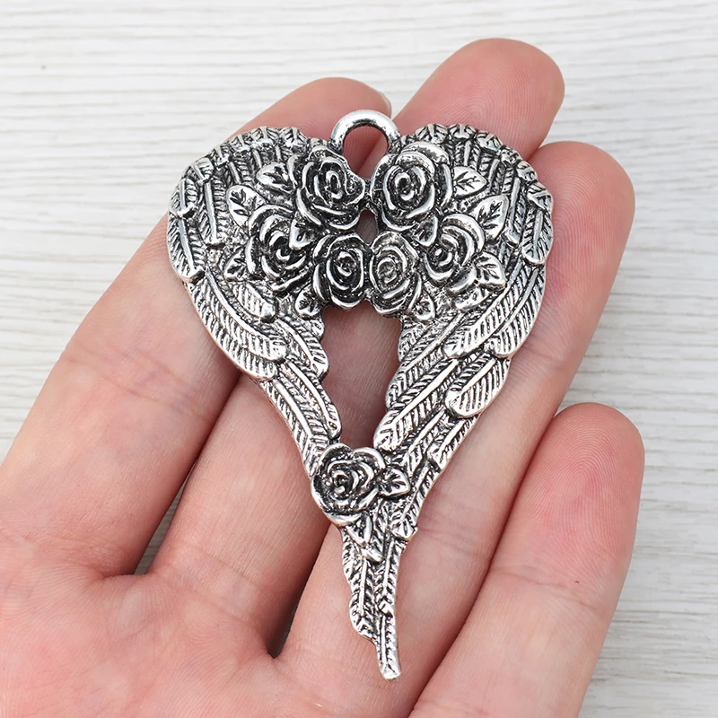 2 x Tibetan Silver Large Rose Angel Wings Feather Charms Pendants for DIY Necklace Jewelry Making Findings Accessories 69x46mm