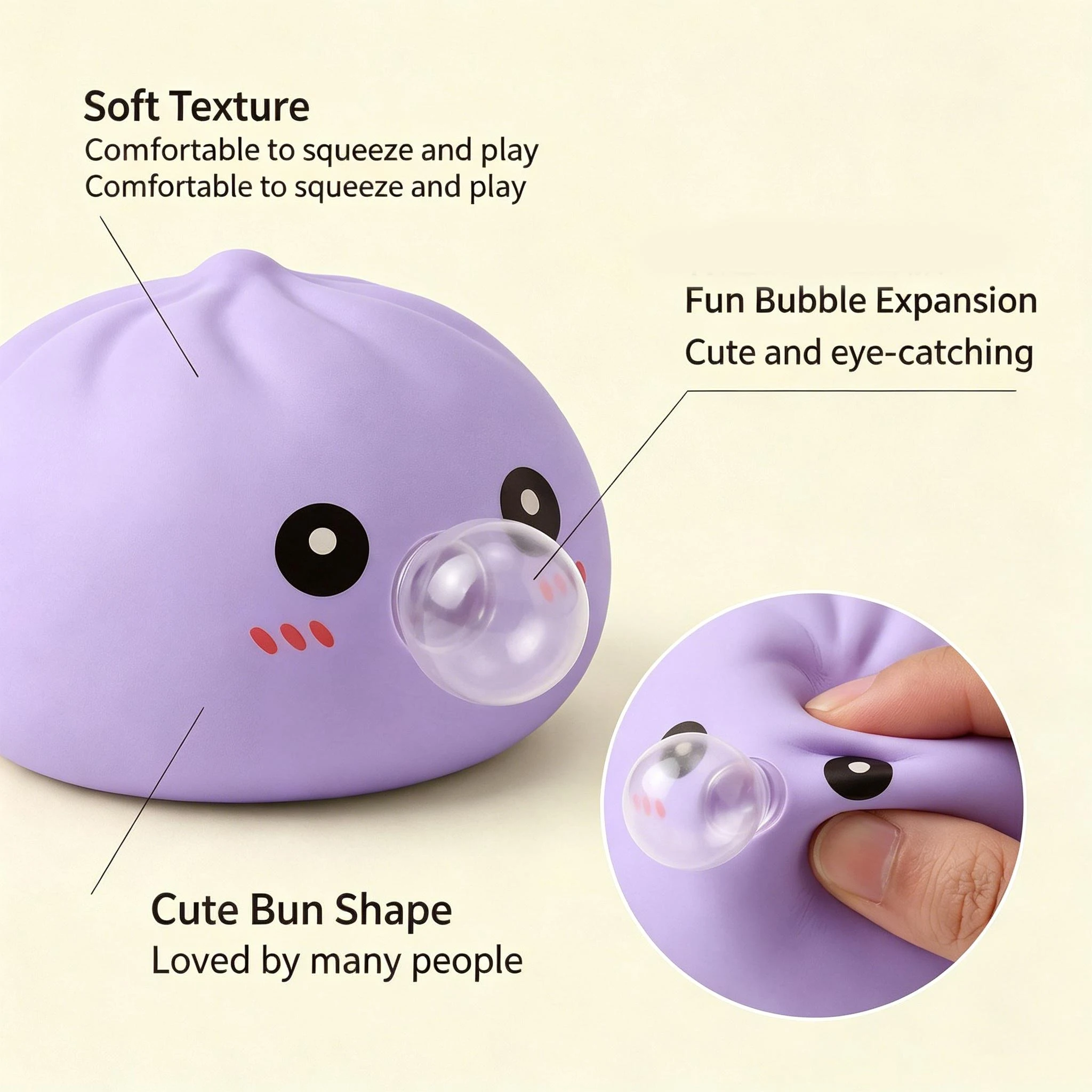 Virales Blasen-Blowing-Dumpling-Squishy-Spielzeug, langsam aufsteigend, Fidget Squeeze, tragbarer Stresskiller, Partygeschenke, niedliche Cartoon-Geschenke – Detail 6