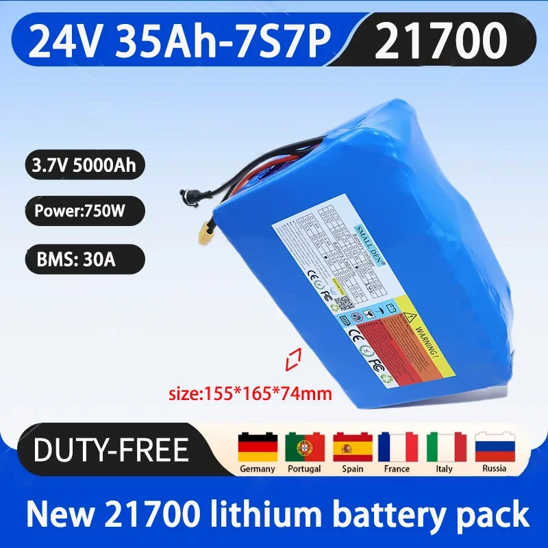 New 24V 35ah 21700 7S7P lithium battery with built-in 30A BMS high-power 750W high-quality rechargeable battery+29.4V 3A charger