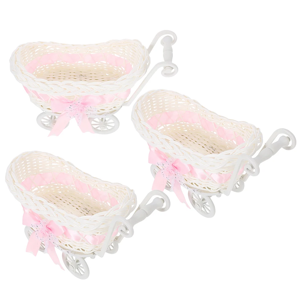 

3 Pcs Pink Baby Stroller Decorative Baskets Imitation Rattan Candy Serving Wedding Flower Party Favors for Home